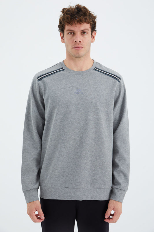 Grey Melange Round Neck Ribbed Shoulder Detailed Relax Fit Men's Sweatshirt - 88279