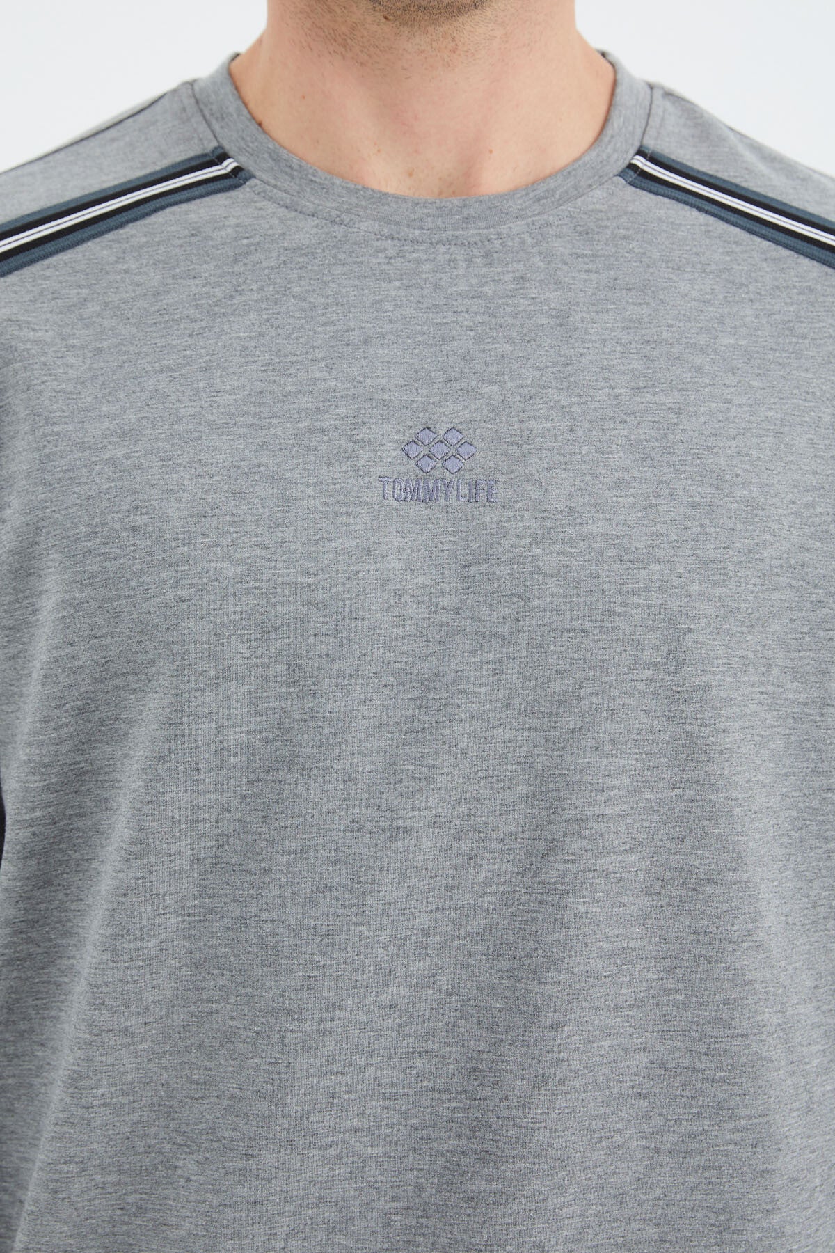 Grey Melange Round Neck Ribbed Shoulder Detailed Relax Fit Men's Sweatshirt - 88279