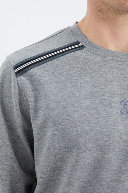Grey Melange Round Neck Ribbed Shoulder Detailed Relax Fit Men's Sweatshirt - 88279
