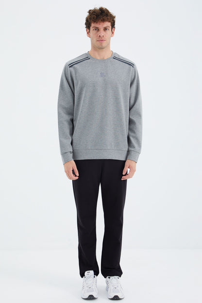Grey Melange Round Neck Ribbed Shoulder Detailed Relax Fit Men's Sweatshirt - 88279