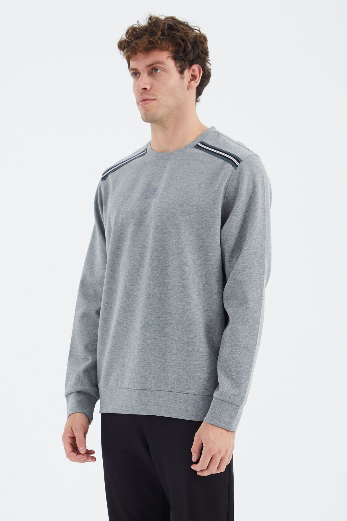 Grey Melange Round Neck Ribbed Shoulder Detailed Relax Fit Men's Sweatshirt - 88279