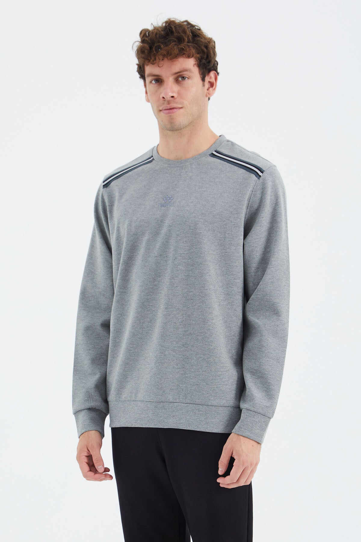 Grey Melange Round Neck Ribbed Shoulder Detailed Relax Fit Men's Sweatshirt - 88279