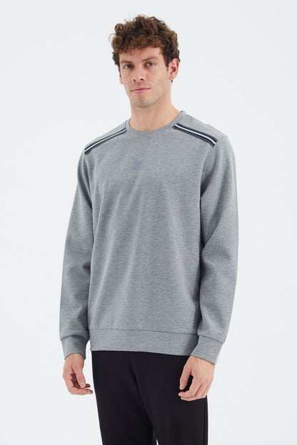 Grey Melange Round Neck Ribbed Shoulder Detailed Relax Fit Men's Sweatshirt - 88279