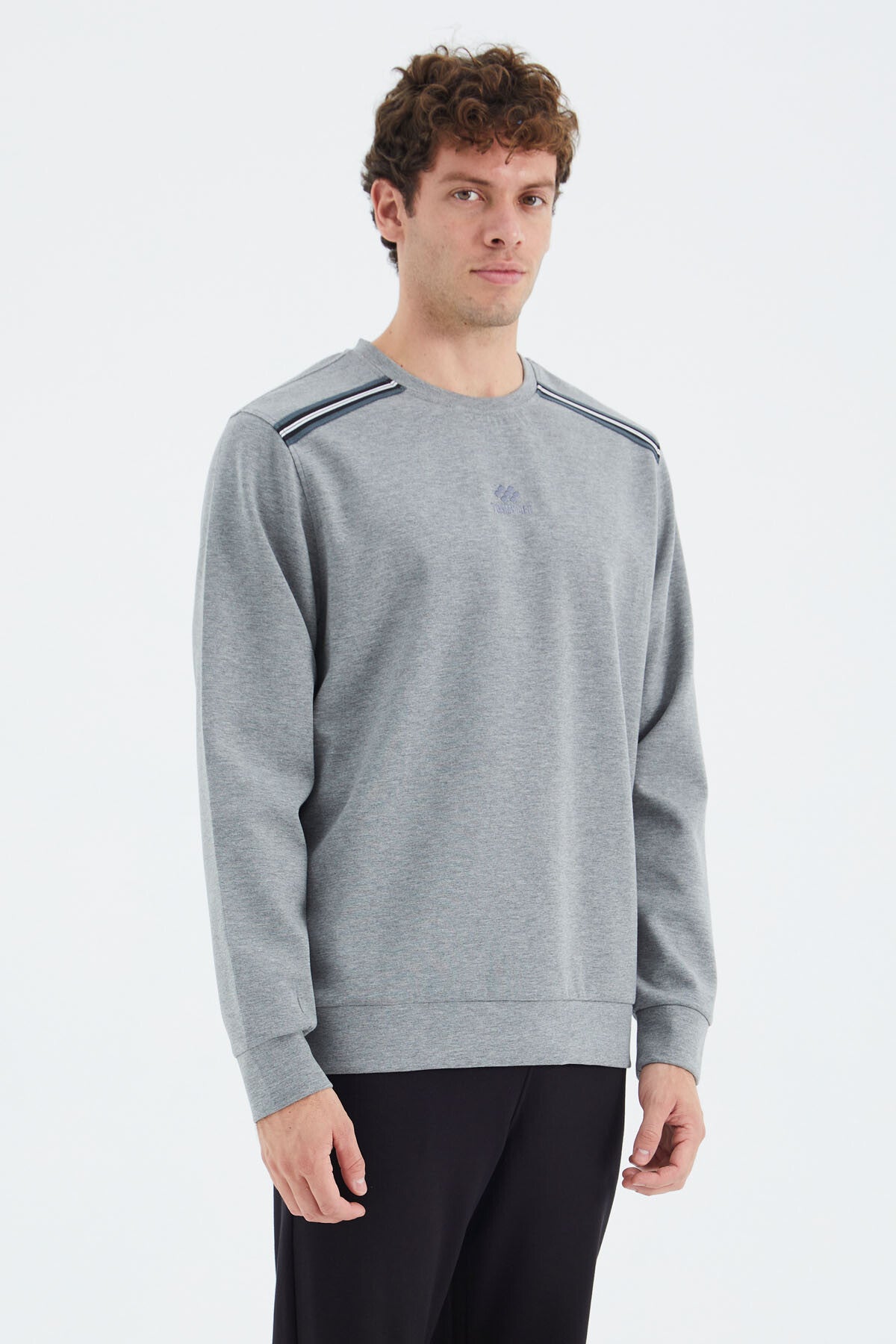 Grey Melange Round Neck Ribbed Shoulder Detailed Relax Fit Men's Sweatshirt - 88279