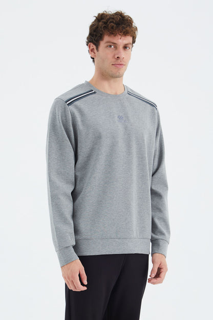 Grey Melange Round Neck Ribbed Shoulder Detailed Relax Fit Men's Sweatshirt - 88279