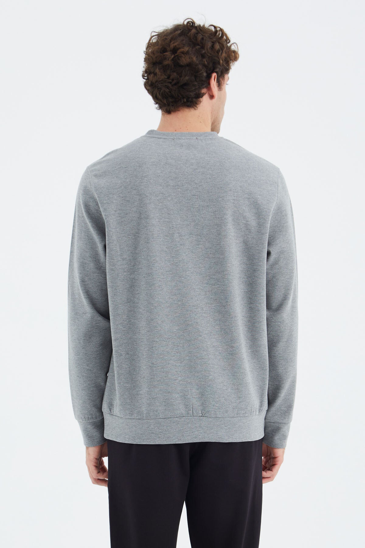 Grey Melange Round Neck Ribbed Shoulder Detailed Relax Fit Men's Sweatshirt - 88279