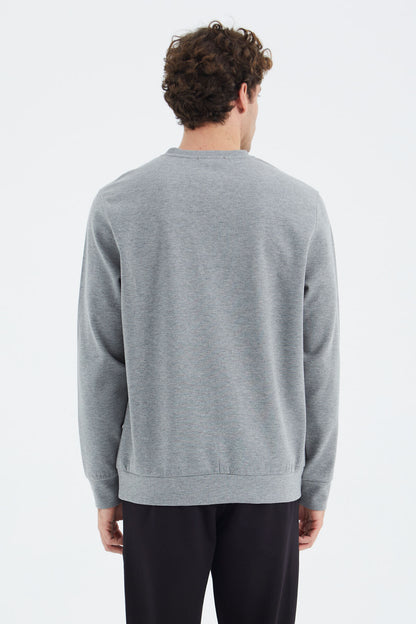 Grey Melange Round Neck Ribbed Shoulder Detailed Relax Fit Men's Sweatshirt - 88279