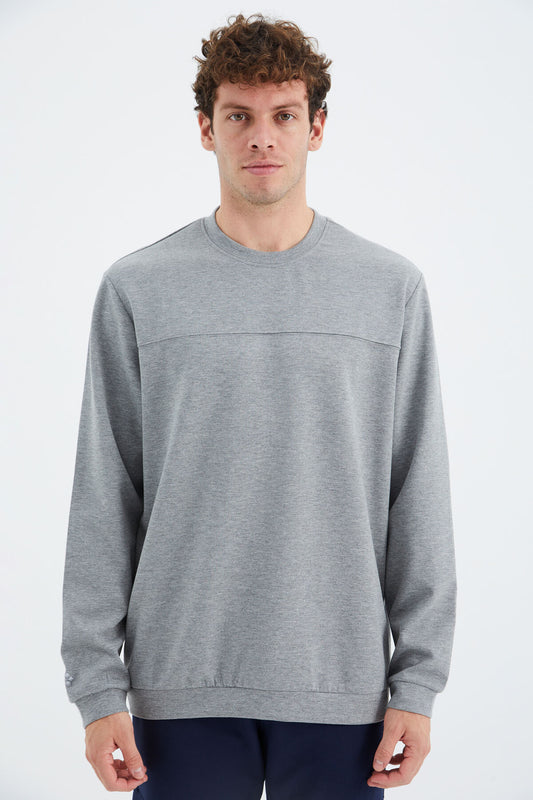 Grey Melange Round Neck Front Stitch Detailed Basic Relax Fit Men's Sweatshirt - 88270