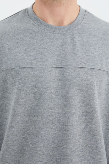 Grey Melange Round Neck Front Stitch Detailed Basic Relax Fit Men's Sweatshirt - 88270
