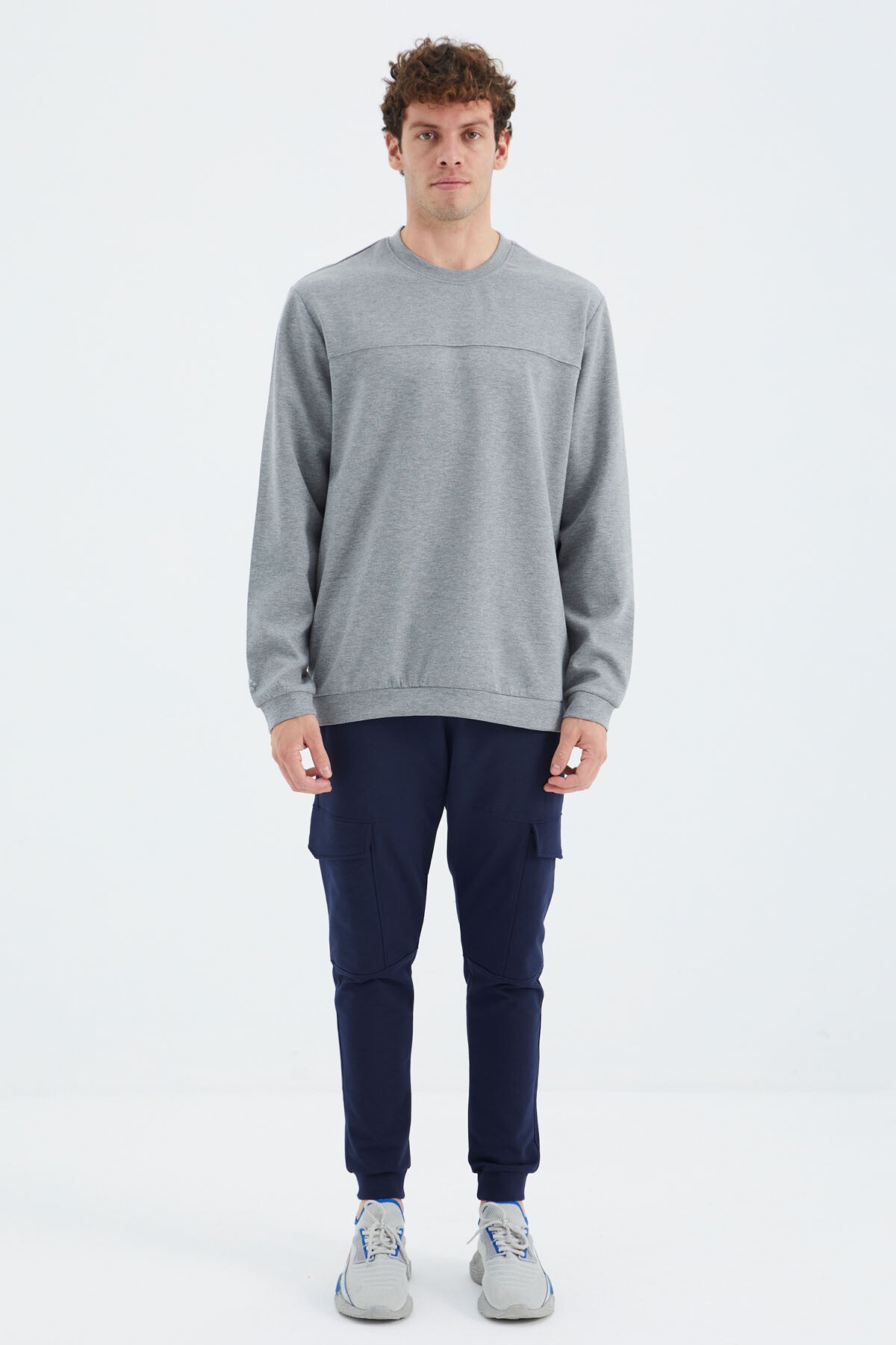 Grey Melange Round Neck Front Stitch Detailed Basic Relax Fit Men's Sweatshirt - 88270