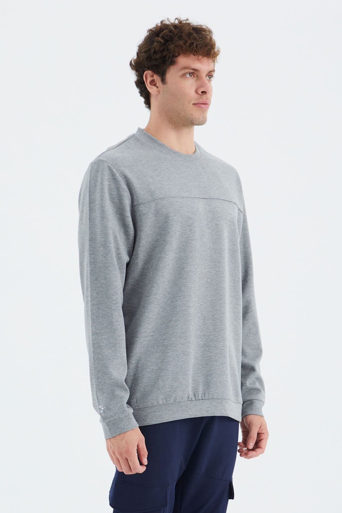 Grey Melange Round Neck Front Stitch Detailed Basic Relax Fit Men's Sweatshirt - 88270