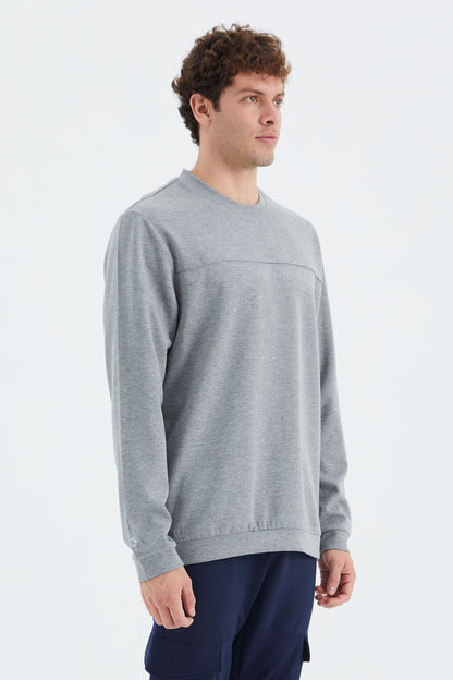 Grey Melange Round Neck Front Stitch Detailed Basic Relax Fit Men's Sweatshirt - 88270