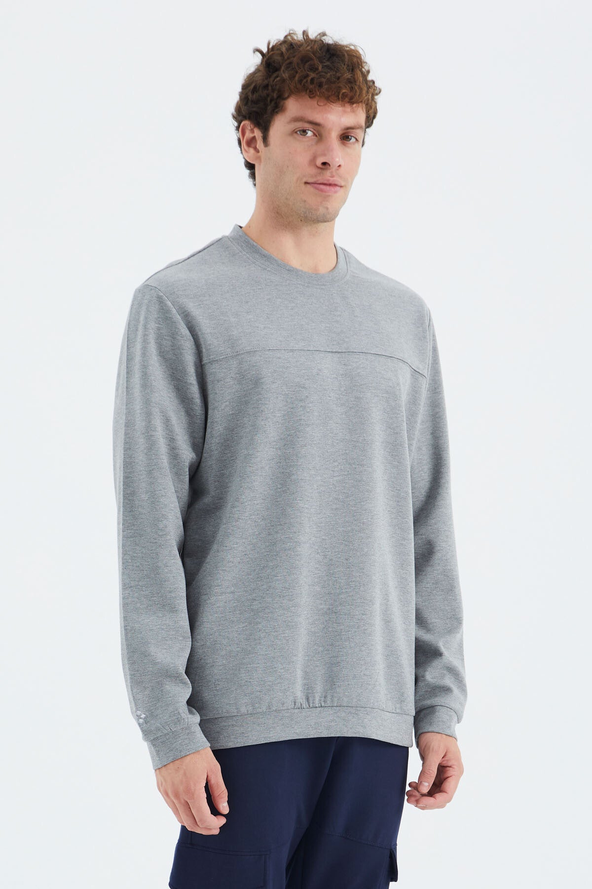 Grey Melange Round Neck Front Stitch Detailed Basic Relax Fit Men's Sweatshirt - 88270