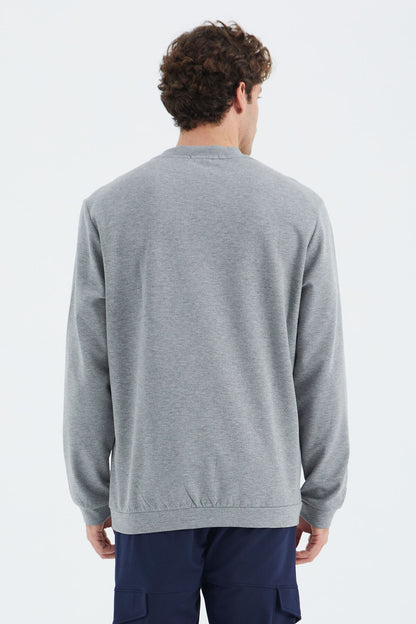 Grey Melange Round Neck Front Stitch Detailed Basic Relax Fit Men's Sweatshirt - 88270