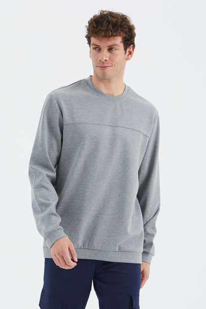 Grey Melange Round Neck Front Stitch Detailed Basic Relax Fit Men's Sweatshirt - 88270
