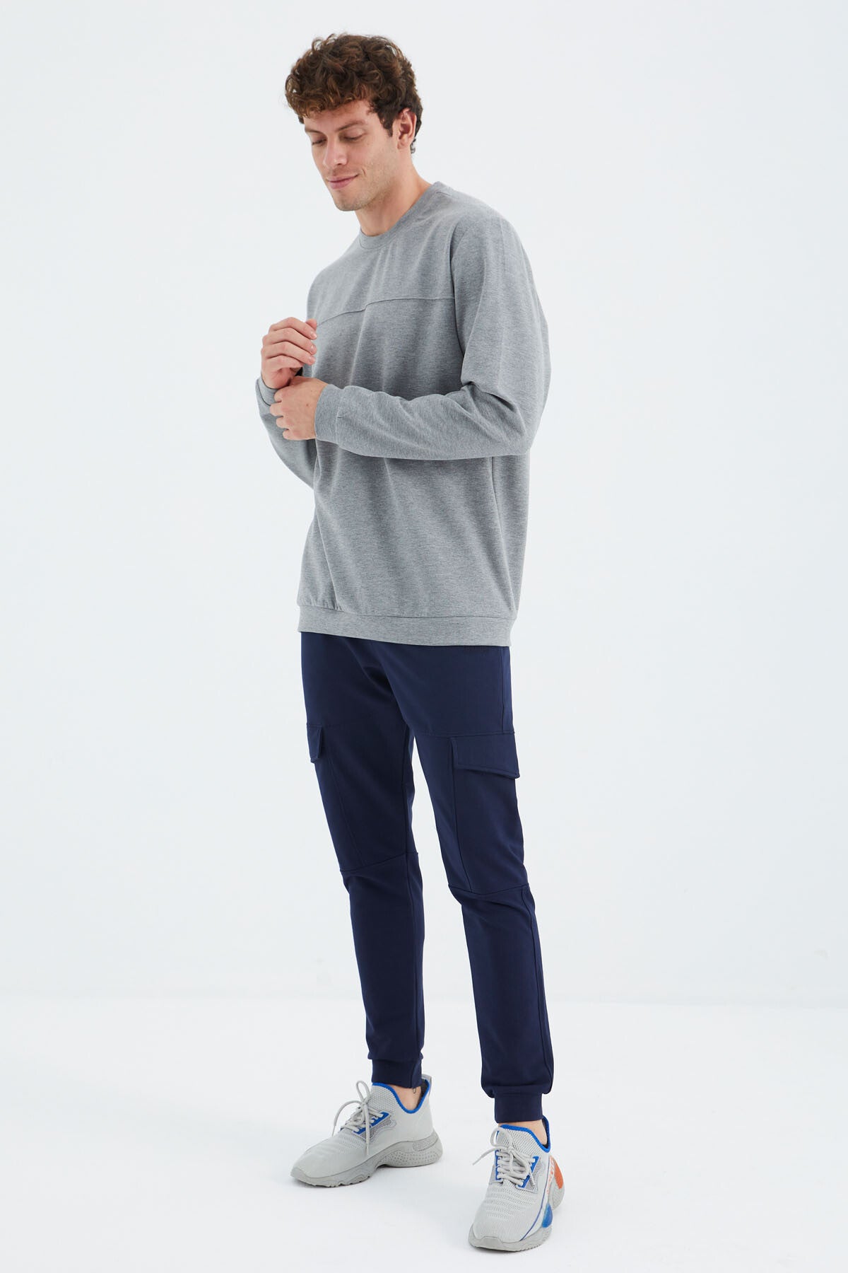Grey Melange Round Neck Front Stitch Detailed Basic Relax Fit Men's Sweatshirt - 88270