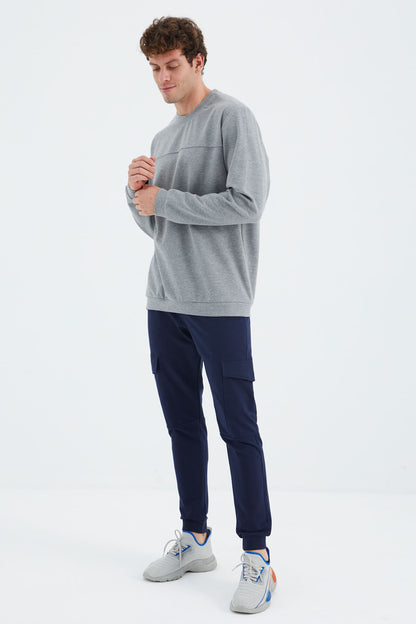Grey Melange Round Neck Front Stitch Detailed Basic Relax Fit Men's Sweatshirt - 88270