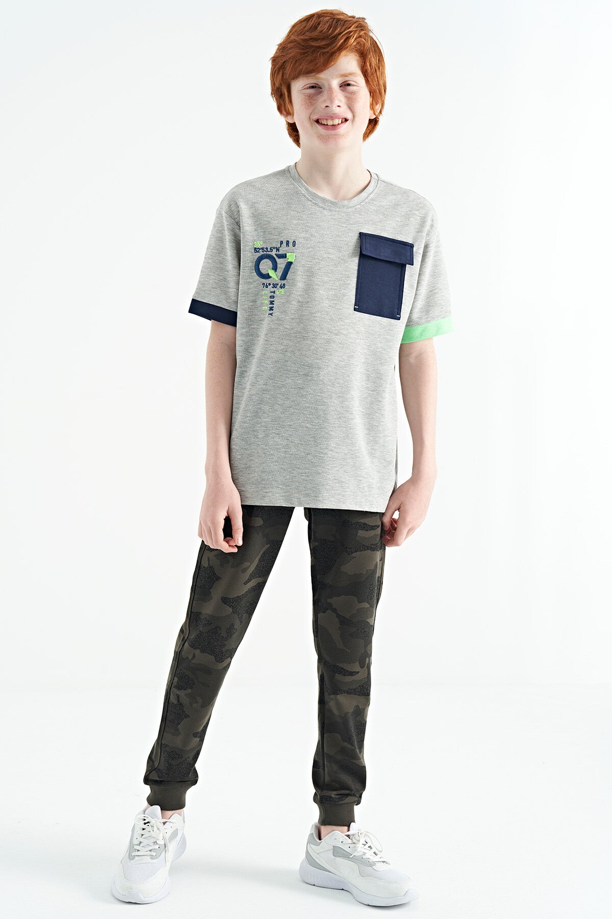 Grey Melange Round Neck Oversize Print Detailed Boys' T-Shirt - 11152