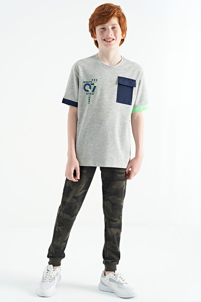 Grey Melange Round Neck Oversize Print Detailed Boys' T-Shirt - 11152
