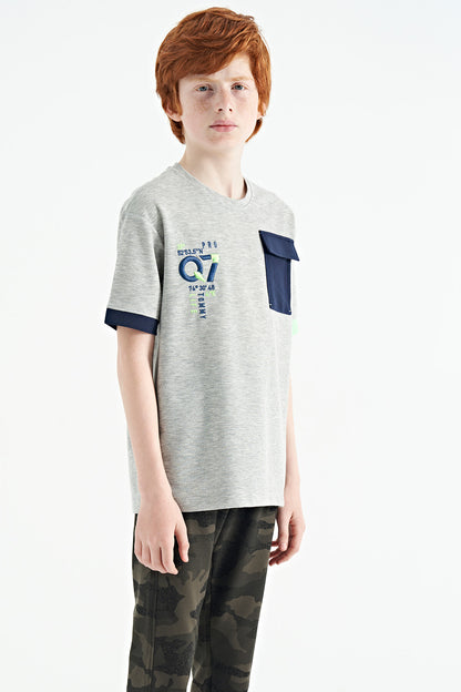 Grey Melange Round Neck Oversize Print Detailed Boys' T-Shirt - 11152