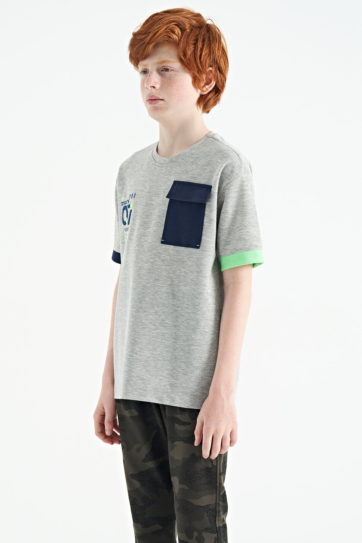 Grey Melange Round Neck Oversize Print Detailed Boys' T-Shirt - 11152