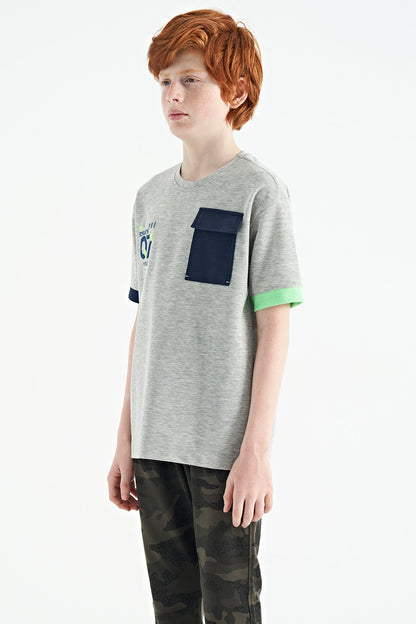 Grey Melange Round Neck Oversize Print Detailed Boys' T-Shirt - 11152