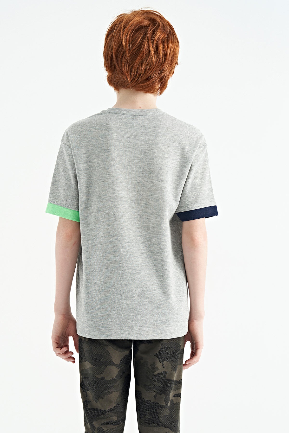 Grey Melange Round Neck Oversize Print Detailed Boys' T-Shirt - 11152