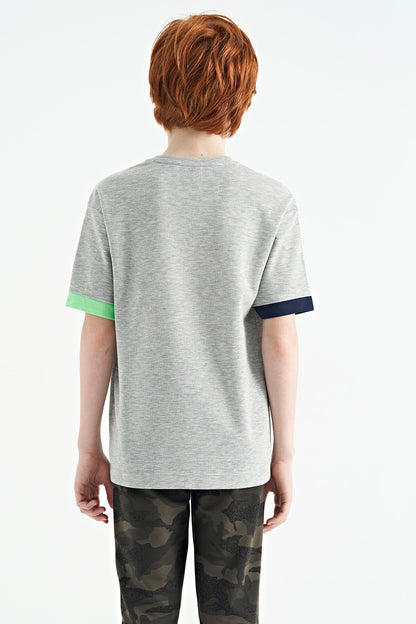 Grey Melange Round Neck Oversize Print Detailed Boys' T-Shirt - 11152