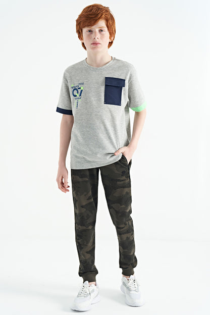 Grey Melange Round Neck Oversize Print Detailed Boys' T-Shirt - 11152