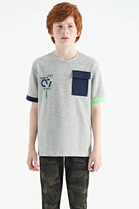 Grey Melange Round Neck Oversize Print Detailed Boys' T-Shirt - 11152