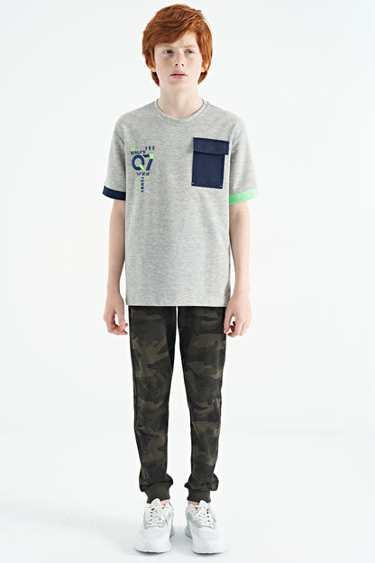 Grey Melange Round Neck Oversize Print Detailed Boys' T-Shirt - 11152