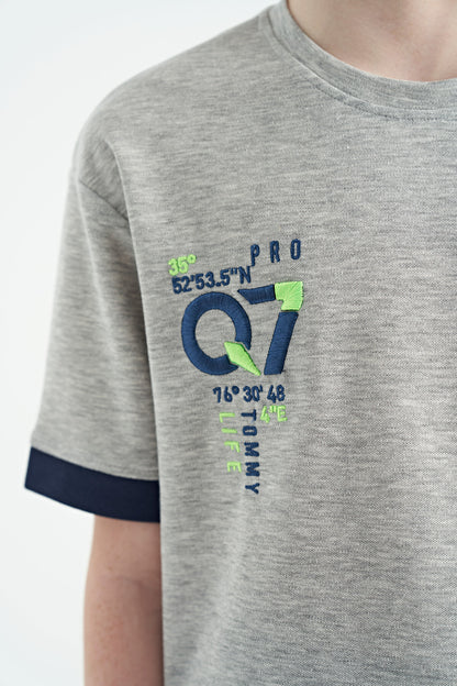 Grey Melange Round Neck Oversize Print Detailed Boys' T-Shirt - 11152