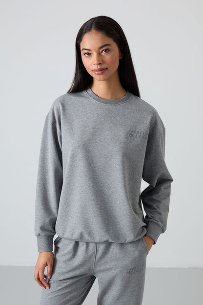 Grey Melange Basic Cotton Round Neck Oversize Elastic Cuffed Women's Tracksuit Set - 95287