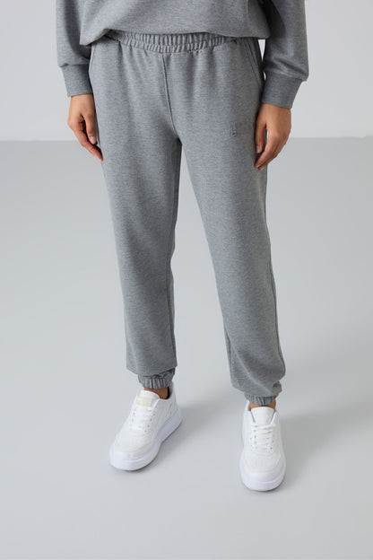 Grey Melange Basic Cotton Round Neck Oversize Elastic Cuffed Women's Tracksuit Set - 95287