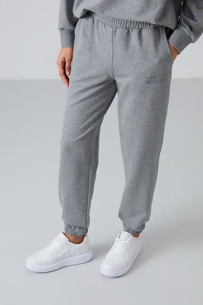 Grey Melange Basic Cotton Round Neck Oversize Elastic Cuffed Women's Tracksuit Set - 95287