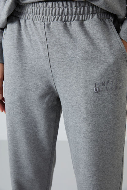 Grey Melange Basic Cotton Round Neck Oversize Elastic Cuffed Women's Tracksuit Set - 95287