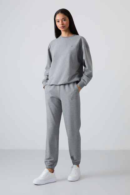 Grey Melange Basic Cotton Round Neck Oversize Elastic Cuffed Women's Tracksuit Set - 95287