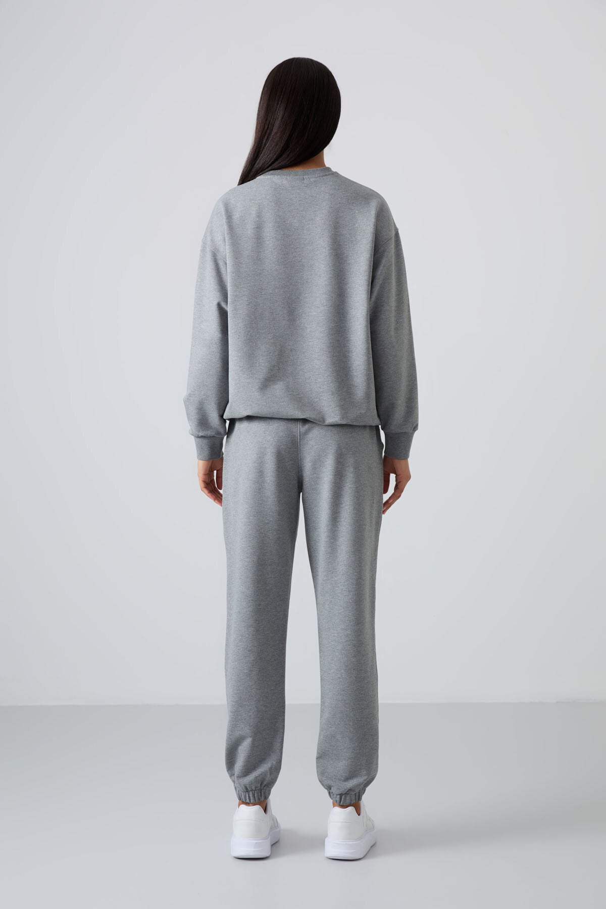 Grey Melange Basic Cotton Round Neck Oversize Elastic Cuffed Women's Tracksuit Set - 95287
