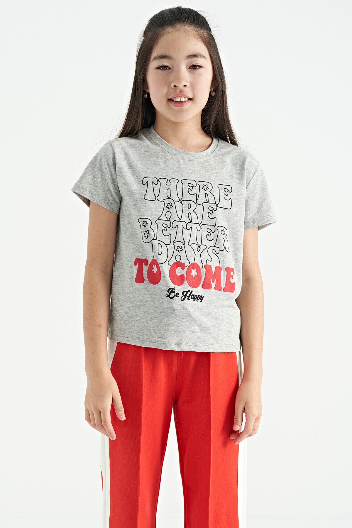 Grey Melange O Collar Printed Comfort Fit Short Sleeve Cropped Girl's T-Shirt - 75118