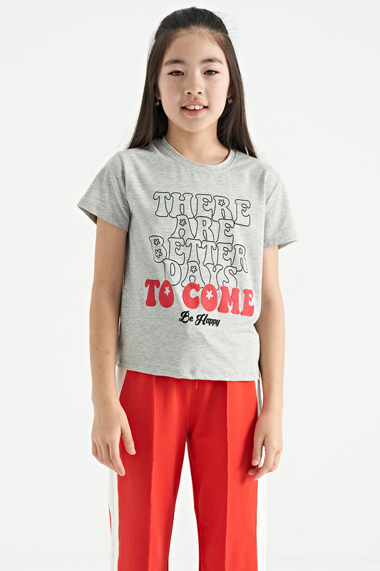 Grey Melange O Collar Printed Comfort Fit Short Sleeve Cropped Girl's T-Shirt - 75118