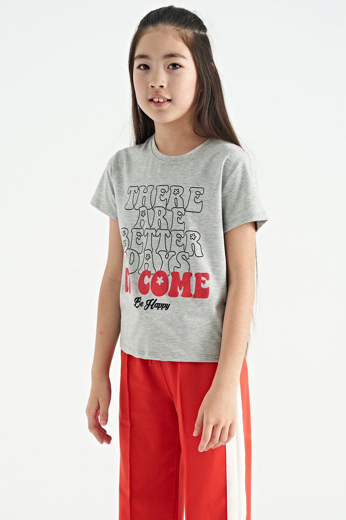Grey Melange O Collar Printed Comfort Fit Short Sleeve Cropped Girl's T-Shirt - 75118