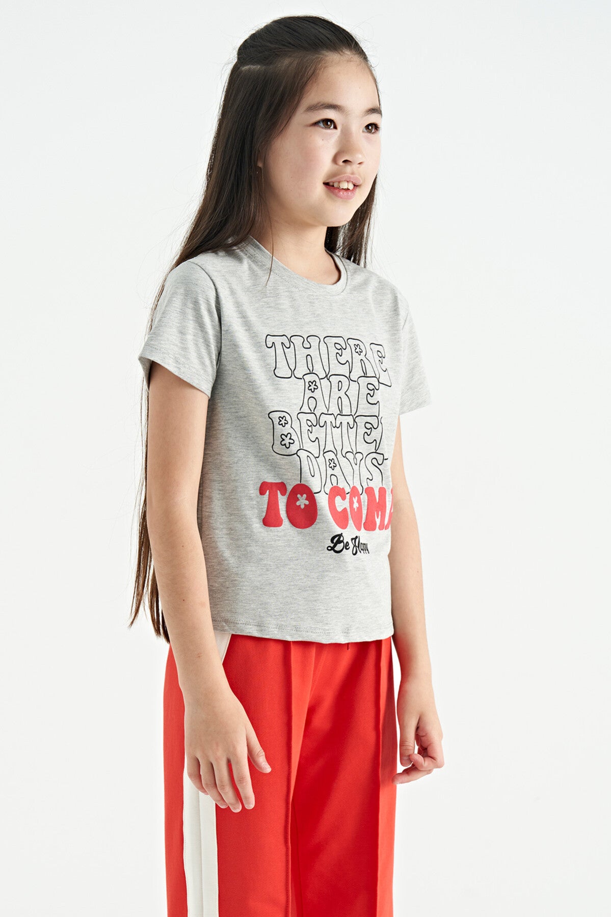 Grey Melange O Collar Printed Comfort Fit Short Sleeve Cropped Girl's T-Shirt - 75118
