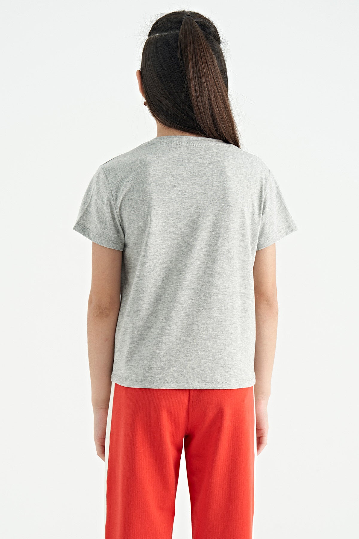 Grey Melange O Collar Printed Comfort Fit Short Sleeve Cropped Girl's T-Shirt - 75118