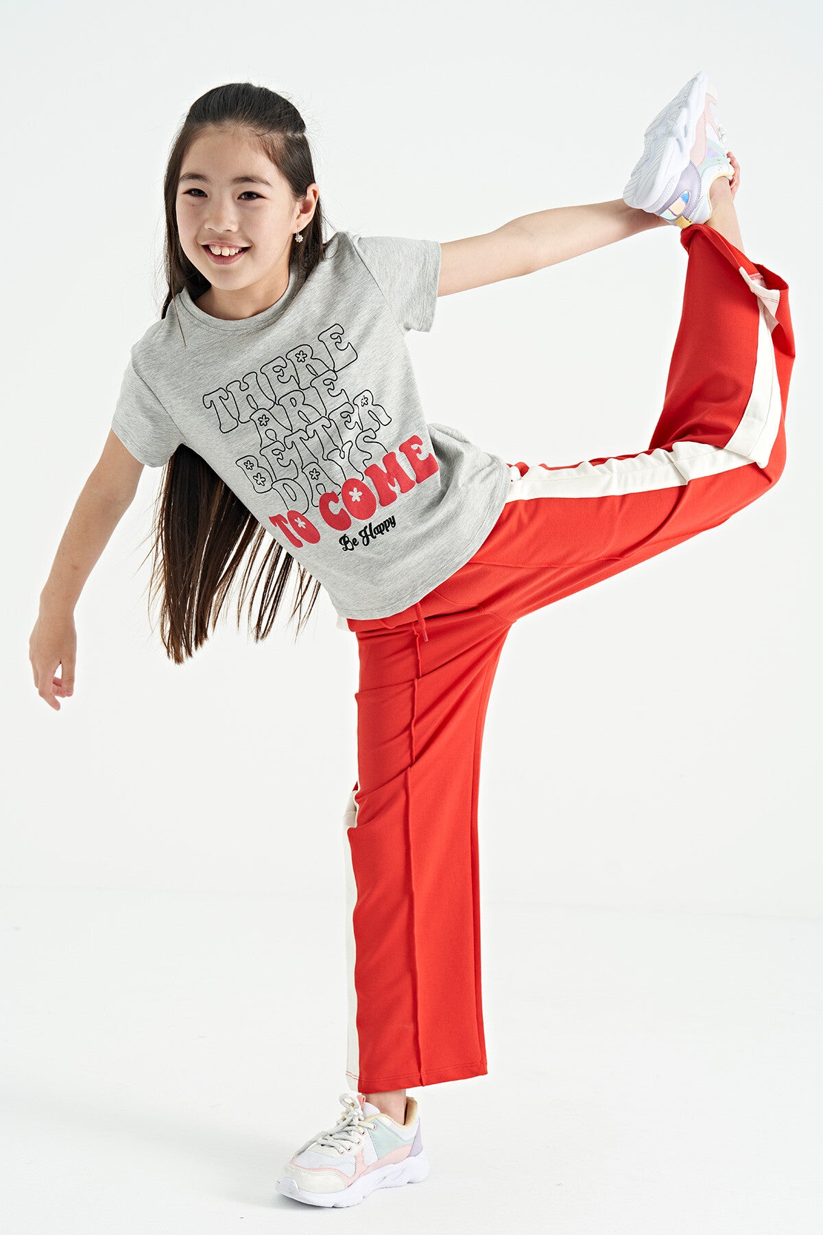 Grey Melange O Collar Printed Comfort Fit Short Sleeve Cropped Girl's T-Shirt - 75118