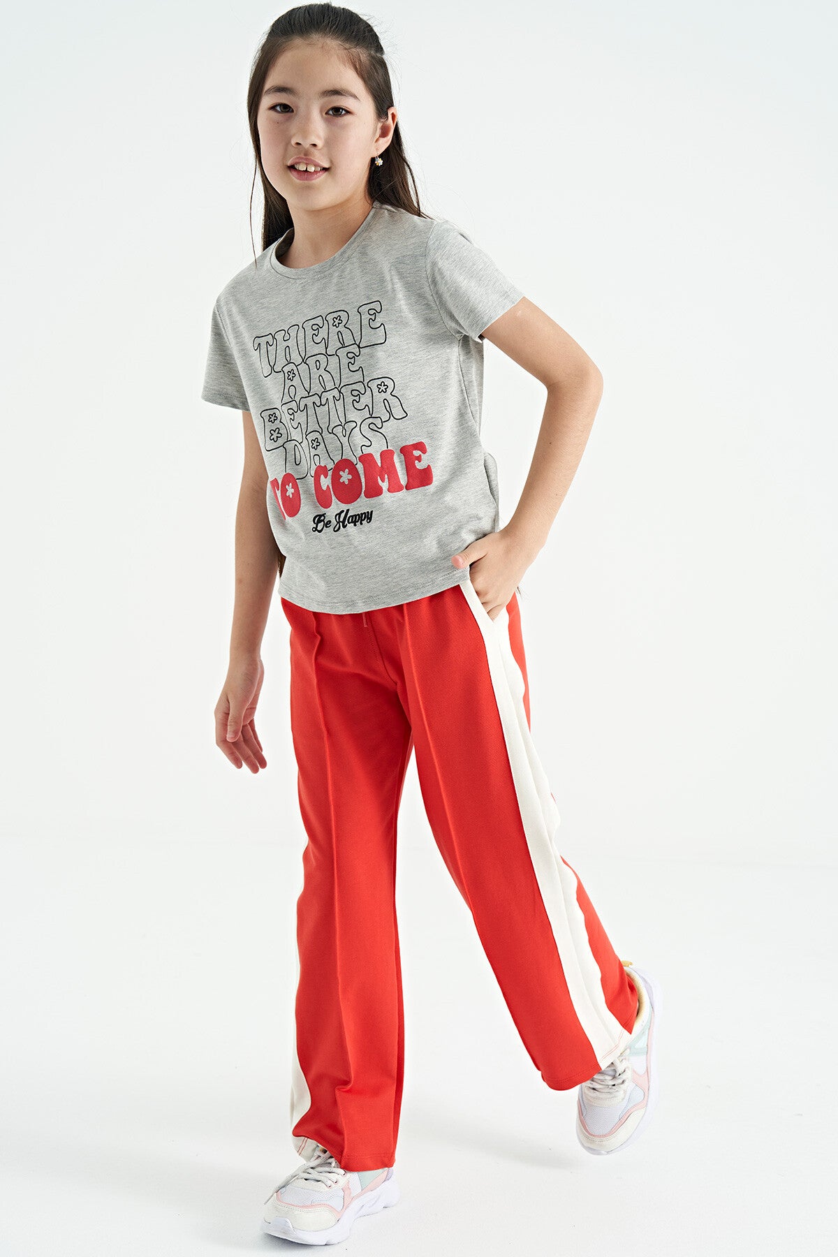 Grey Melange O Collar Printed Comfort Fit Short Sleeve Cropped Girl's T-Shirt - 75118
