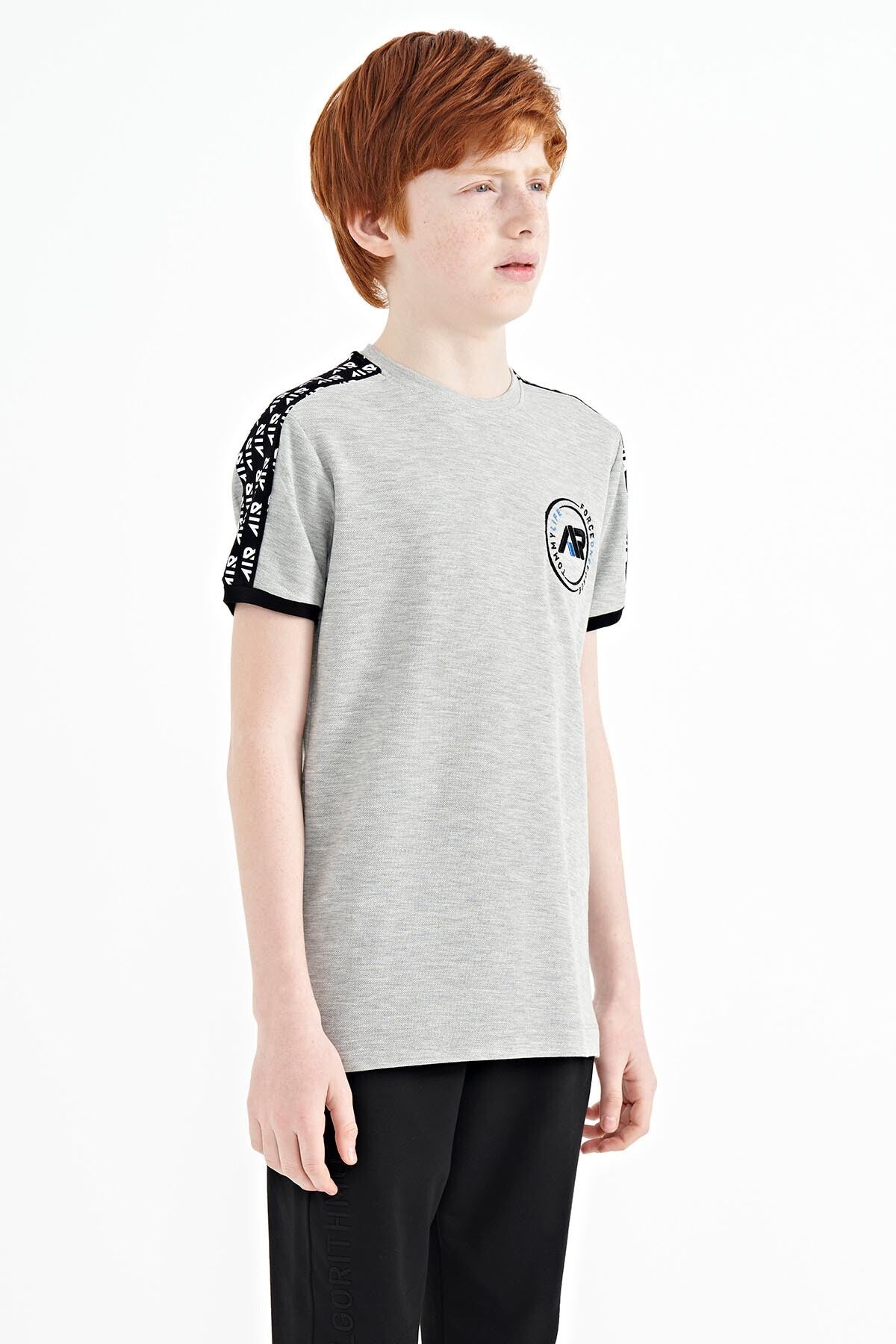 Grey Melange Shoulder Print Detailed Standard Fit O Neck Boys T-Shirt - 11121