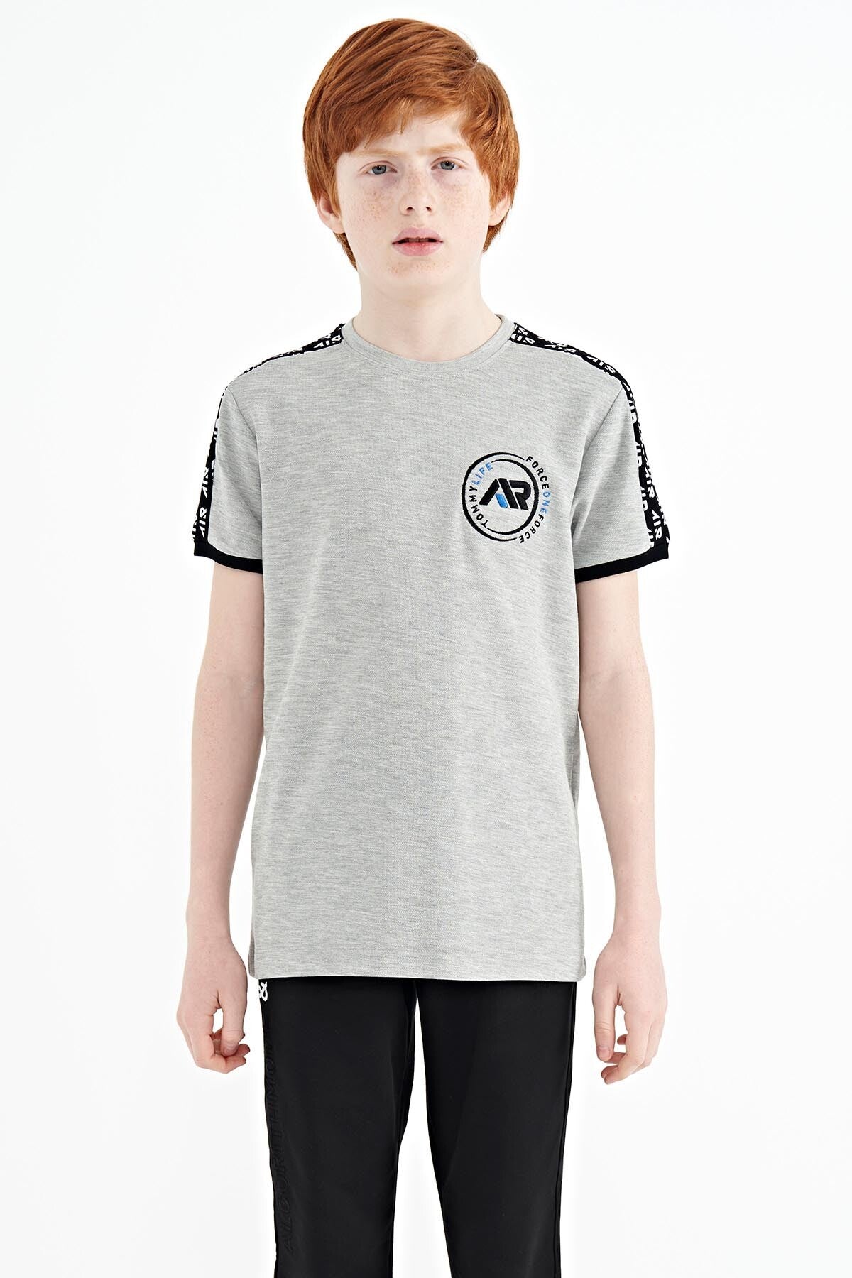 Grey Melange Shoulder Print Detailed Standard Fit O Neck Boys T-Shirt - 11121