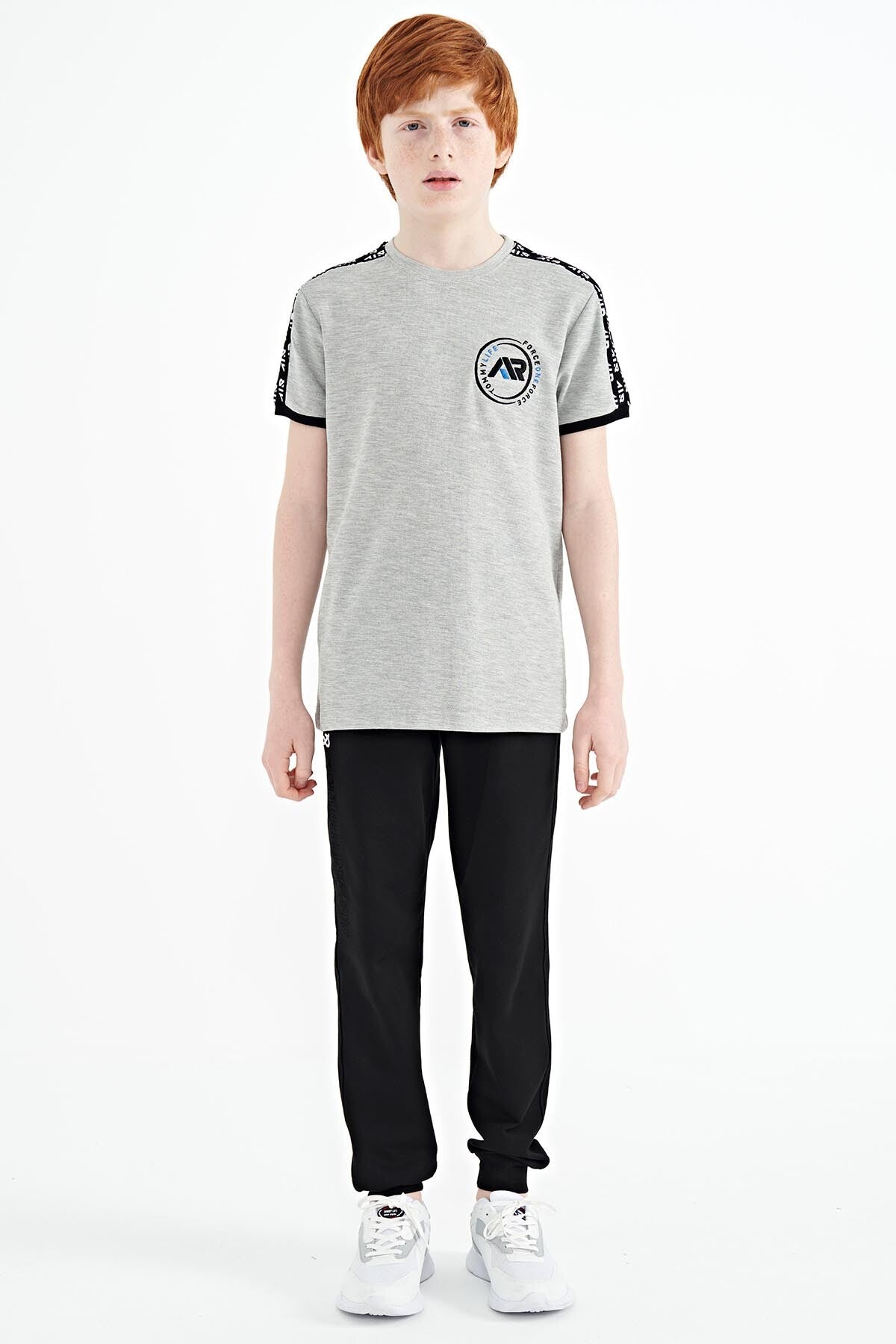 Grey Melange Shoulder Print Detailed Standard Fit O Neck Boys T-Shirt - 11121