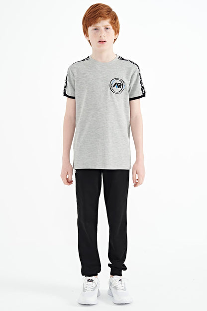 Grey Melange Shoulder Print Detailed Standard Fit O Neck Boys T-Shirt - 11121