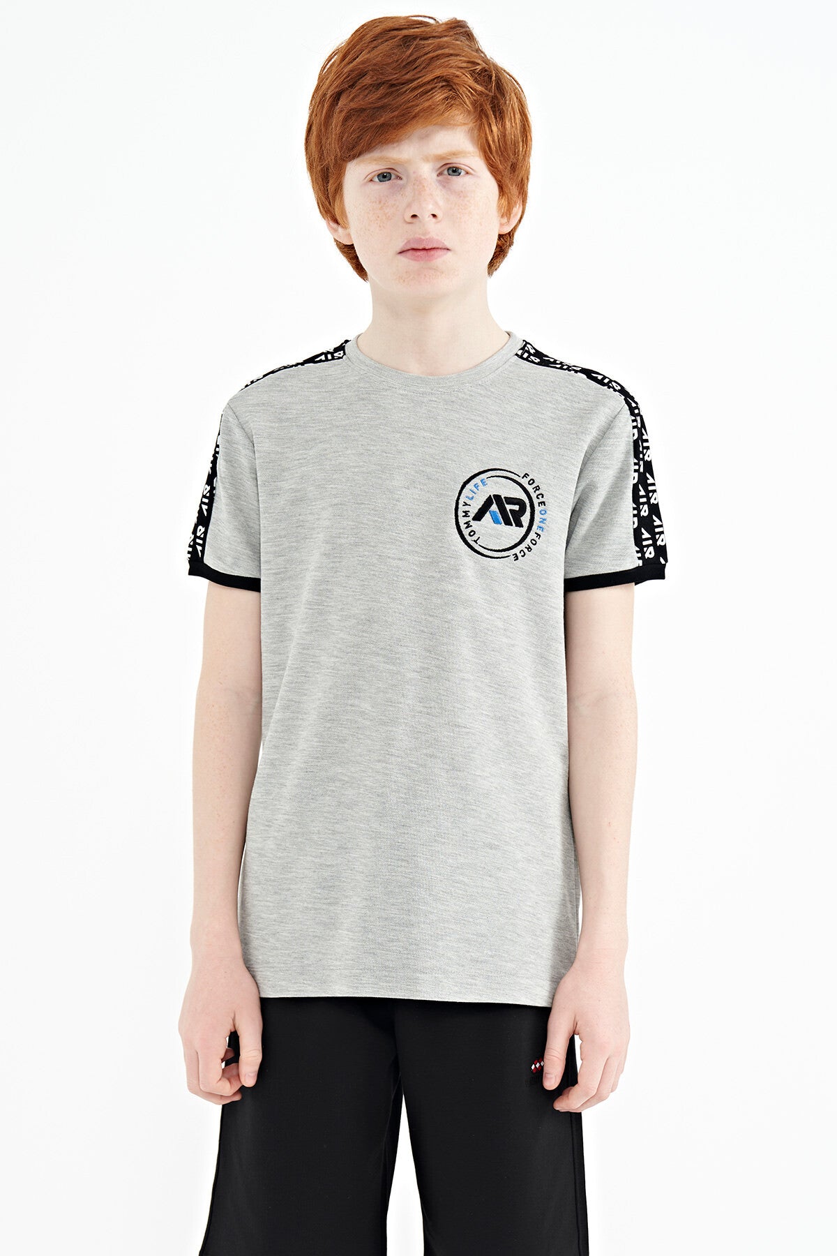 Grey Melange Shoulder Print Detailed Standard Fit O Neck Boys T-Shirt - 11121
